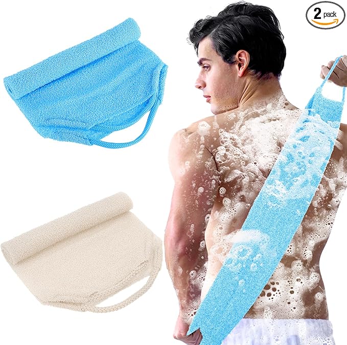 2pcs Exfoliating Back Scrubber, Nylon Shower Bath Exfoliator Extended Length Body Scrub Towel Stretchable Pull Korean Washcloth Strap with Handles