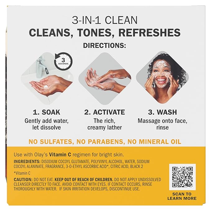 Olay Face Wash, Vitamin C Cleansing Melts, Daily Use Gentle Cleanser, For All Skin Types, Travel Size, Soft Citrus Scent, Water-Activated to Clean, Tone, and Refresh, 64ct (x 32ct), (Pack of 4)