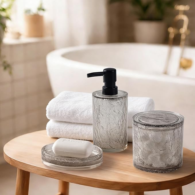 Modern Luxe Bathroom Accessories Set 5 Pcs Resin Bathroom Accessory Set Soap Dispenser Toothbrush Holder Tumbler Soap Dish Cotton Swab Jar Easy to Clean Crackle Pattern Translucent Black