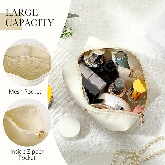 Kigeli Initial Makeup Bag for Women Beige Leather Easter Basket Gifts Monogram Cosmetic Bag Small Travel Toiletry Pouch Wedding Birthday Graduation Bridesmaid Gifts for Teen Girls Women Teachers(I)