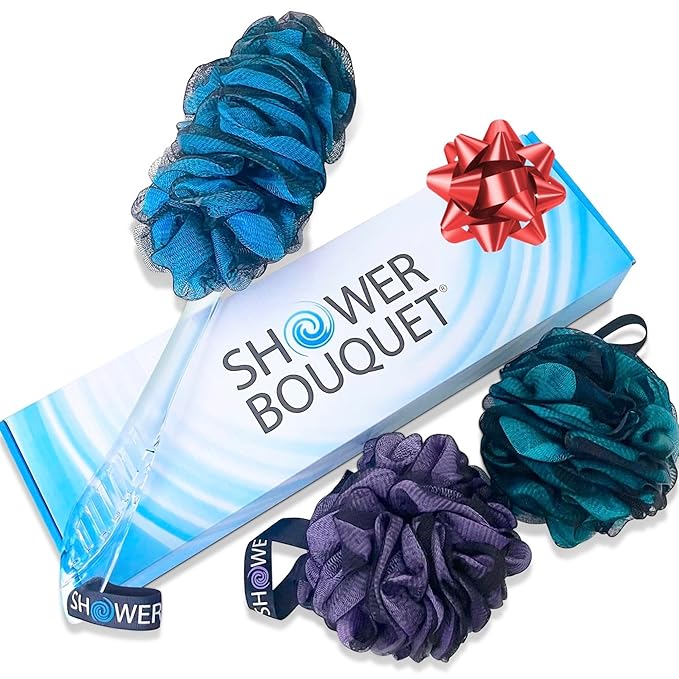 SHOWER BOUQUET Loofah-Charcoal Back-Scrubber & Bath-Sponge Color-Set // 1 Long-Handle-Back-Brush plus 2 Extra Large 75g Soft Mesh Loofa Lufa Loufa Poufs, Men & Women - Exfoliate with Full Pure Cleanse