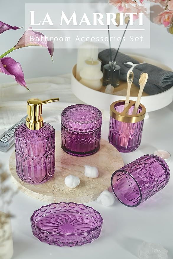 Purple Bathroom Accessories Set, 5Pcs Clear Glass Bathroom Decor Set, Soap Dispenser, Toothbrush Holder Set, Soap Dish, Qtip Holder, Tumbler for Vintage Crystal Bathroom Decor, Gift Set