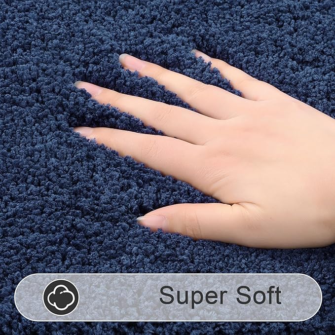 SHACOS Soft Fluffy Bathroom Rugs Set of 3 Pieces Bath Mats with U Shape Toilet Rugs Non Slip Washable Bath Rugs Absorbent Bathroom Shower Carpet 16"x24"+20"x32"+U Shaped 20"x24", Navy Blue