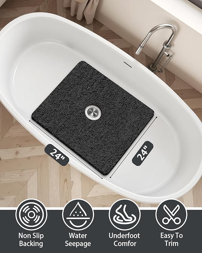 Mecko Square Non-Slip Shower Mats for Inside Shower, Quick-Drying Shower Floor Mat with Foot Scrubber, Anti-Slip Loofah Bathtub Mat for Tub and Wet Areas (Black, 24"x24")