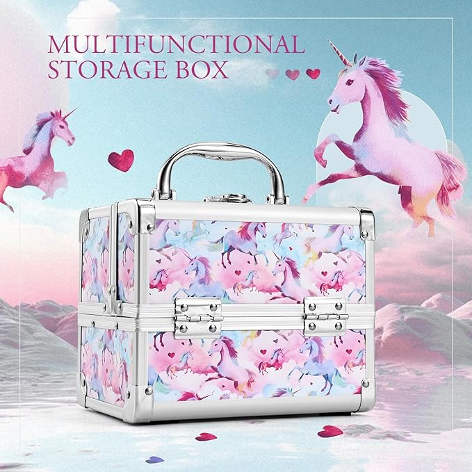 Joligrace Makeup Case for Girls Cosmetic Train Case Makeup Storage Box Jewelry Organizer Hair Accessories Lockable with Trays & Mirror Kids Gift Coloful Pink Unicorn