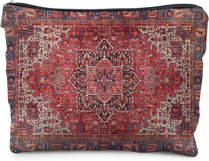 Traditional Red Rug Style Makeup Bag, Vintage Ethnic Pattern Cosmetic Bag Gifts for Women Friends, Boho Tapestry Pouch