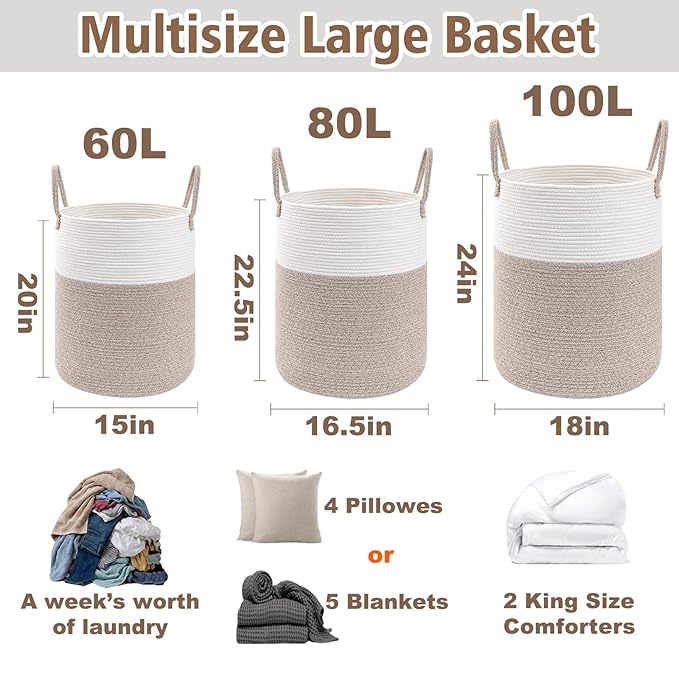 Large Woven Laundry Basket Hamper,80L Cotton Rope Storage Bin for Blankets,Toys and Clothes,Decorative Tall Nursery Hamper for Living Room,Baby Nursery,Bathroom and Bedroom,Brown