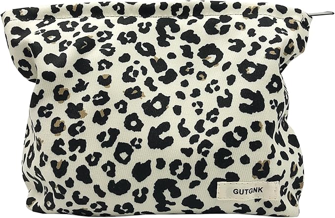 GUTGNK Corduroy Ladies Cosmetic Bag, Large Capacity Canvas Cosmetic Bag Travel Toiletry Bag Accessories Organizer, Black Spot Leopard Print