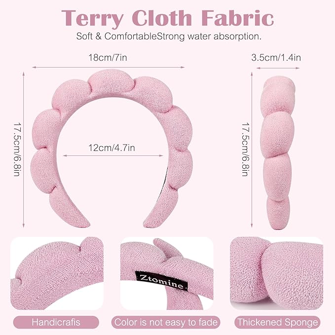 Spa Headbands, Set of 2, Terry Cloth Headband Face Wash Headband Combo Pack - Puffy Makeup Headbands for Face Washing, Mask (Dark khaki + pink)
