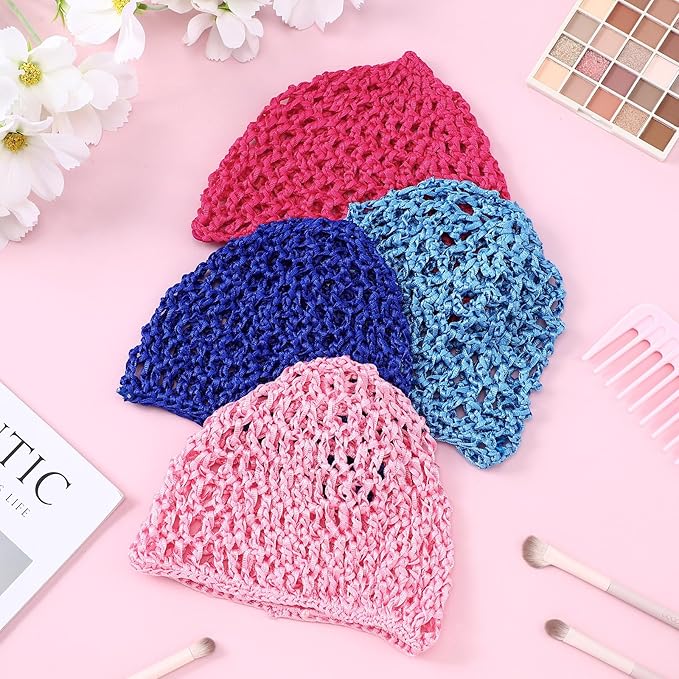 Geyoga 4 Pieces Mesh Crochet Hair Net Rayon Knit Snood Hat Thick Short Women Hairnet Snoods Cover Ornament for Sleeping (Royal Blue, Sky Blue, Rose Red,Pink)