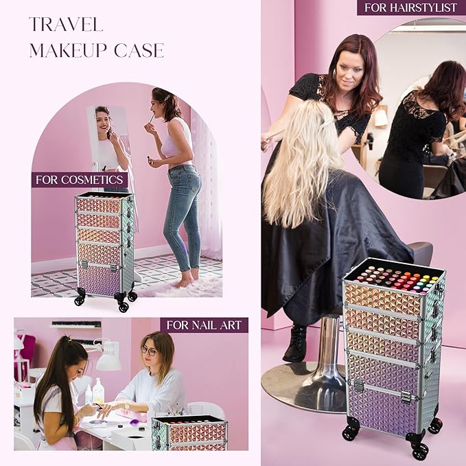 5 in 1 Rolling Makeup Case, Cosmetology Case on Wheels Travel Make up Train Case Nail Cart Makeup Organizer Cosmetic Storage Box Cases Extra Large Trolley Truck with 360° Swivel Wheels, Pink