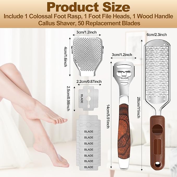 53pcs Foot File Callus Remover,Stainless Steel Large Foot Rasp Foot Scrubber & Foot Care Pedicure Callus Shaver(50 Replacement Blades & 1 Foot File Head),Foot Grater Foot Scraper for Wet and Dry Feet