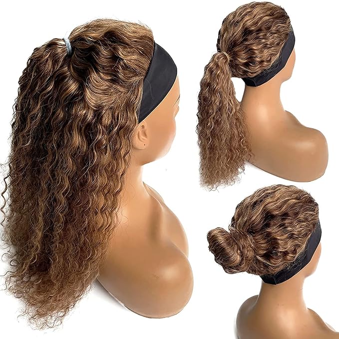 XSY Headband Wig Human Hair Deep Wave Highlight Ombre #4/27 Curly Headband Wig for Black Women Glueless None Lace Fronts Wigs 150% Density 10 Inch