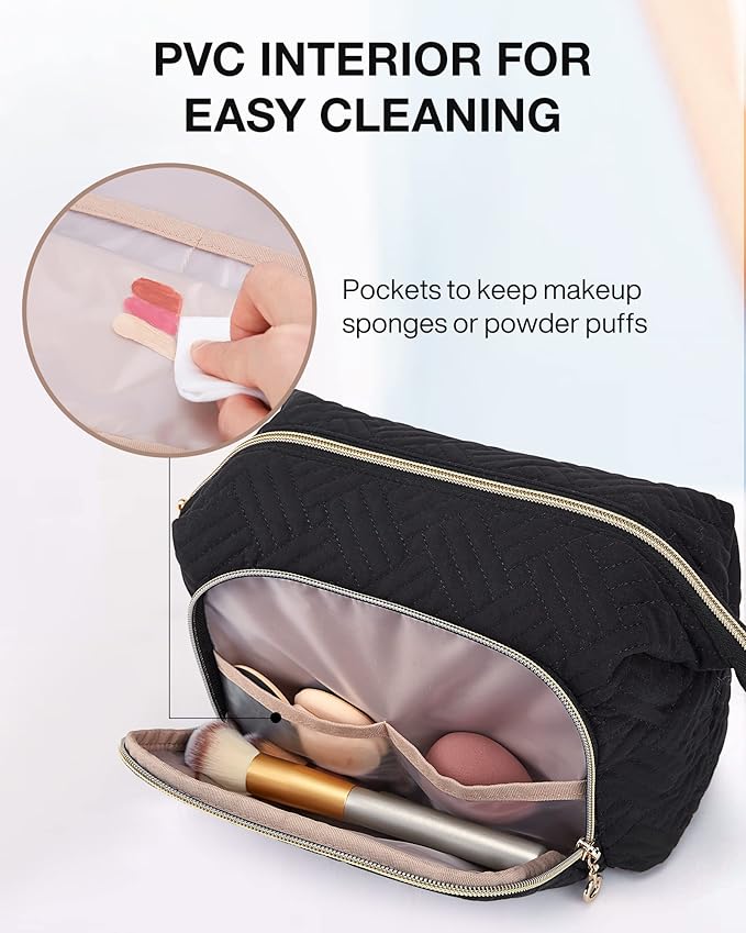BAGSMART Travel Makeup Bag, Cosmetic Bag Small Make Up Organizer Case,Wide-open Pouch for Women Purse for Toiletries Accessories Brushes Black