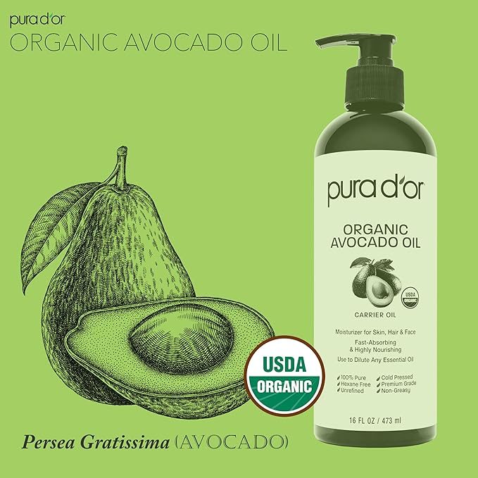 PURA D'OR 16 Oz ORGANIC Avocado Oil-100% Pure&Natural USDA Certified Cold Pressed Carrier Oil For DIY Beauty,Non-Greasy,Unscented,Hexane Free Liquid Moisturizer-Face Skin&Hair-Men-&Women,(Pack of 2)
