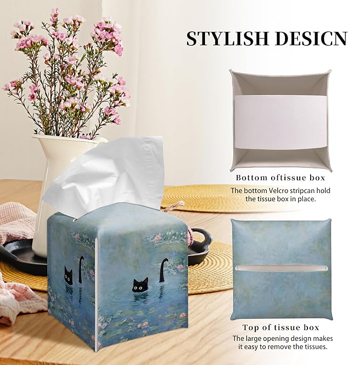 Grace Yonks Art Tissue Box Cover Square - Black Cat in Water Lilies Design 5.2" PU Leather Holder for Vanity, Desk, or Bathroom Counter - Cube Case for Facial Tissues. (123)