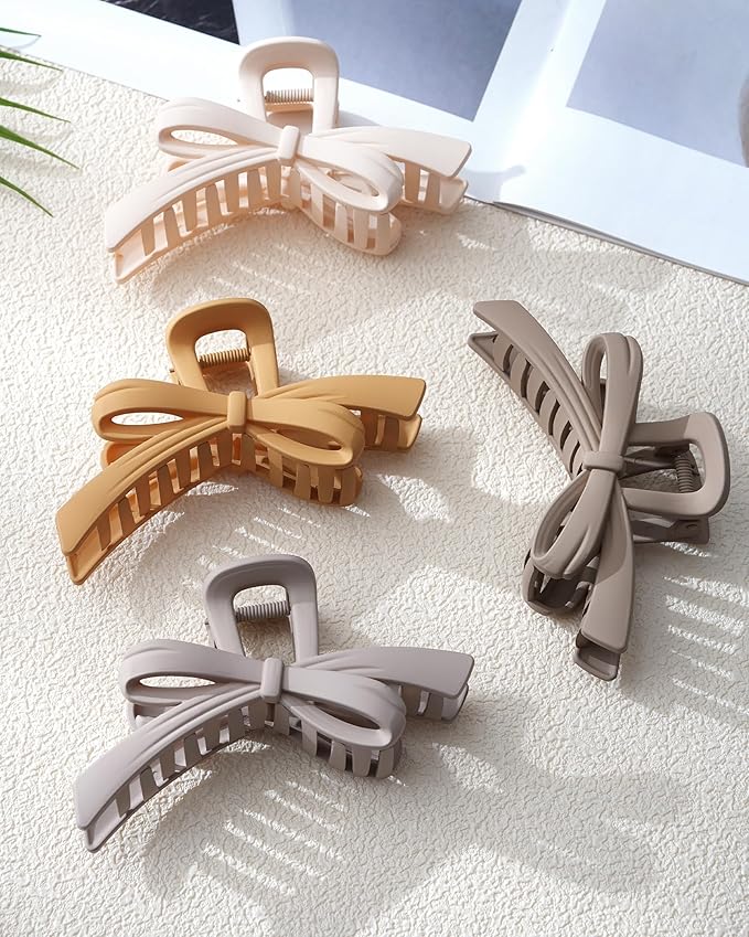 Mesovor 4 Pack Cute Bow Claw Clips, Nonslip 4.92" Large Matte Strong Hold Bows Hair Clips for Thin and Thick Hair | Chic Hairclips for Holidays or Everyday Hairstyle (Beige Matte)