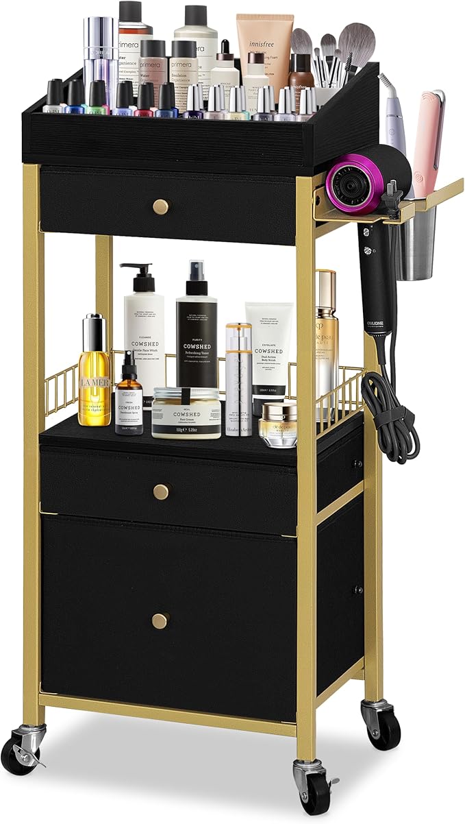 Large Makeup Cart with Detachable Hair Tool Organizer, Floor Makeup Organizer with 3 Drawers and Wheels, Cosmetic Display Cases Holder for Skin Care Perfume Nail Polish,Modern Gold & Black