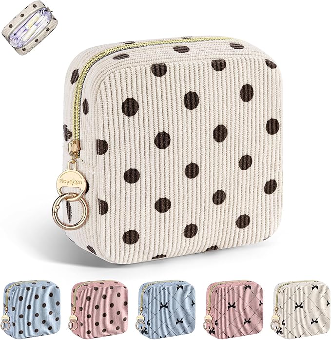 Period Bag for Teen Girls, Corduroy Cute Sanitary Napkin Storage Bag, Menstrual Pad Pouches Tampon Holder for Purse (Beige-Polka Dots)