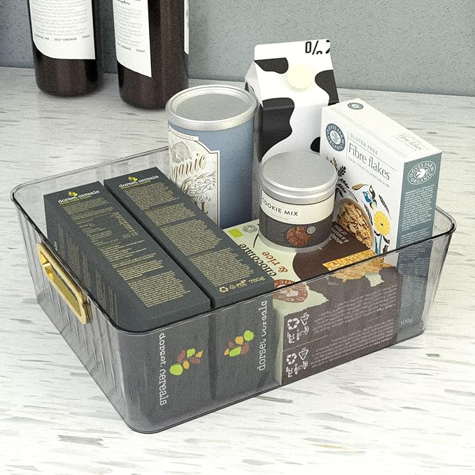 4 Packs Clear Plastic Storage Bins, Pantry, Home, Kitchen, Office, Cabinet, Shelf and Fridge Organizer Basket Bin with Handle