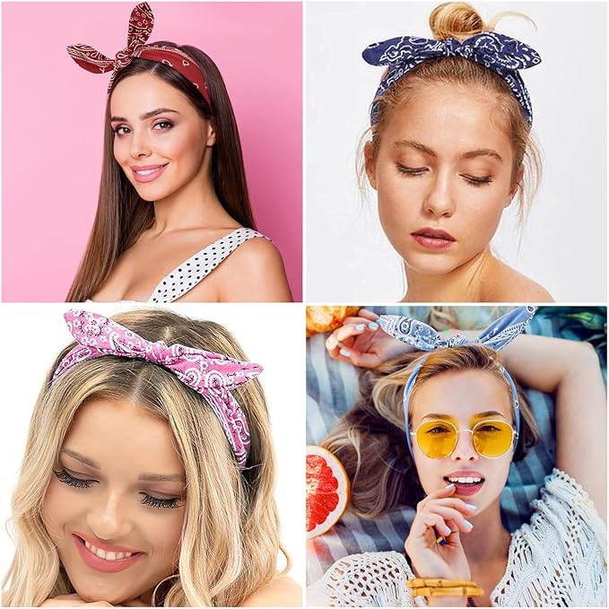 DRESHOW 6 Pack Wire Boho Headbands for Women with Rabbit Ears Bow Twist Headband Printed Vintage Wire Hair Holder