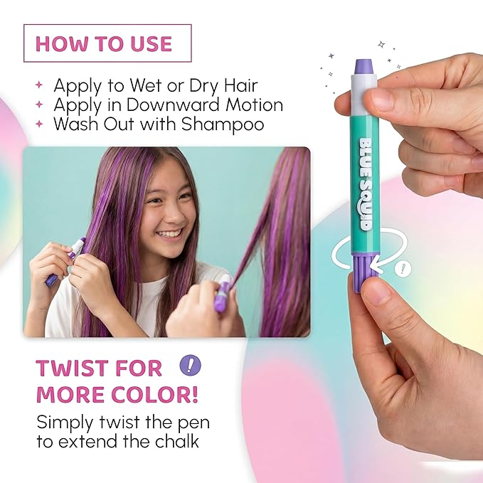 Blue Squid Hair Chalk for Girls Pens – 10 Vibrant Temporary Hair Color for Kids - Ideal Christmas, Birthday Gifts for Girls & Teens - Kid Safe, Washable Hair Dye for Ages 6 7 8 9 10 11 12
