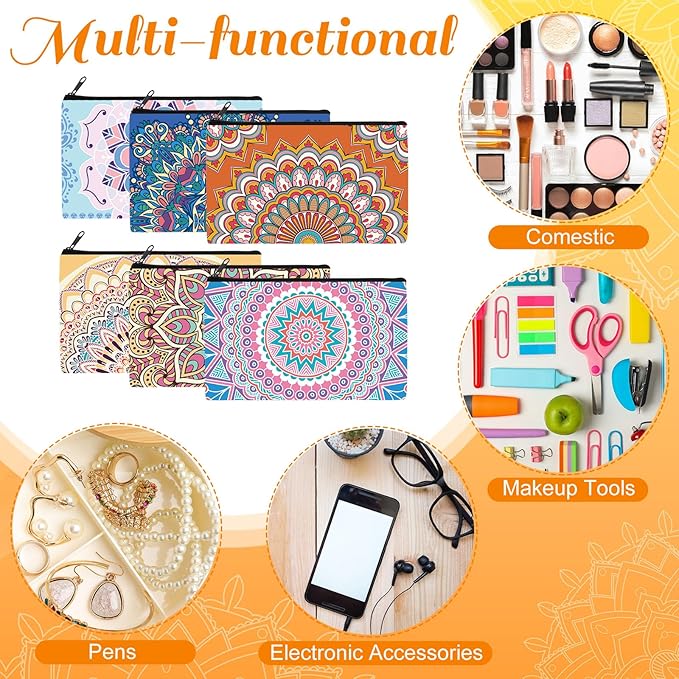 Yahenda 16 Pcs Canvas Makeup Bags Bulk for Women Inspirational Cosmetic Zipper Pencil Pouch Travel Toiletry Bag for Birthday Mother's Day Nurse Gifts(Mandala)