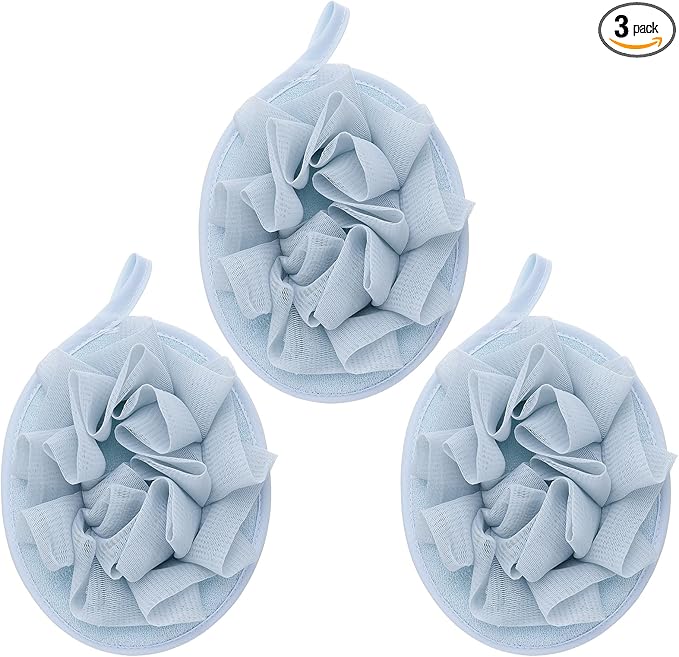 Boao 3 Pcs Bath Shower Pouf Sponge Mesh Pouf Shower Ball Exfoliating Body Sponge Pad Scrubber Glove with Flower Bath Ball (Blue)