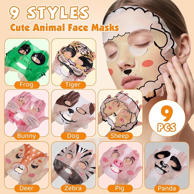 9 Pack Animal Face Masks Skincare for Kids, Bulk Sheet Hydrating Face Mask for Kids Skin Care, Collagen Face Mask for Teens Women, Easter Basket Stuffers, Spa Party Gifts for Teen Girls
