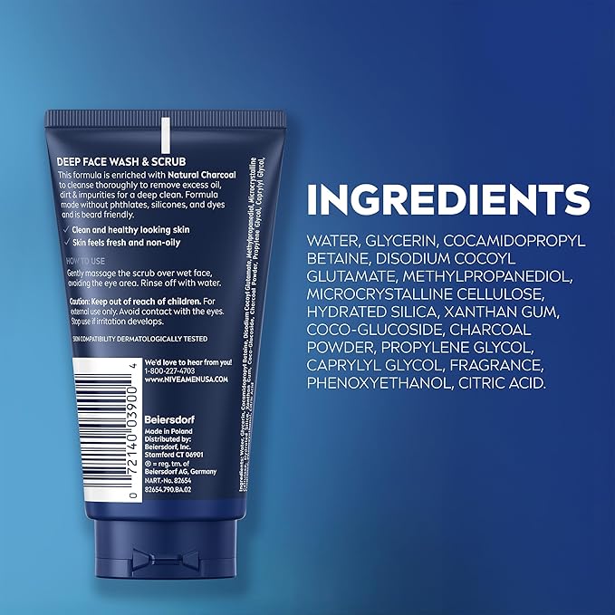 NIVEA MEN Deep Clean Face Wash and Scrub with Natural Charcoal, Exfoliating Face Wash for Men Removes Excess Oil, Dirt and Impurities, Beard Friendly Skin Care, 2.5 Fl Oz Tube, Pack of 3