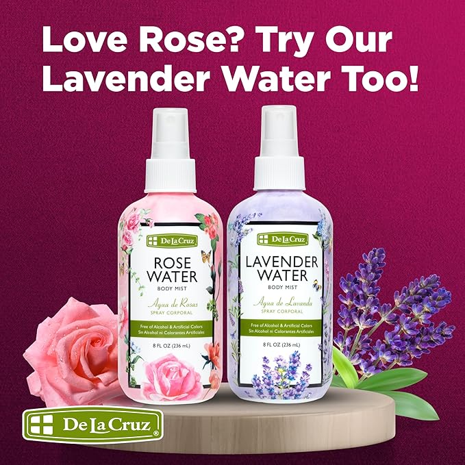 De La Cruz Pure Rose Water Body Mist,Rosewater Spray for Face, Skin & Hair, Rose Toner & Rose Water for Hair Alcohol Free, Paraben Free 8 fl oz (3 Bottles)