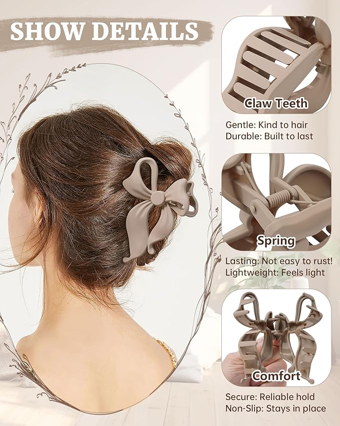 Mesovor 4 pack Cute Bow Claw Clip for Women, Nonslip Large Matte Strong Hold Bows Hair Clips for Thin and Thick Hair | Chic Hair Styling Accessories (4.1" Light Khaki, Dark Khaki, Brown, Black)