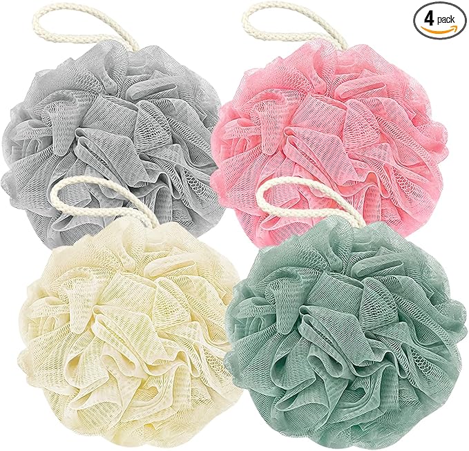 Shower Loofah Bath Sponge, 60G Loofah Exfoliating Body Scrubber, 4 Color Mesh Shower Pouf Balls for Body Wash (Pink Green White Gray)