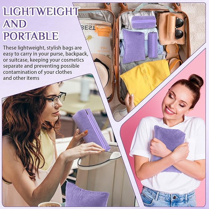 3 Pcs Makeup Bag Set for Women Corduroy Cosmetic Pouch Aesthetic Smile Travel Toiletry Bag Cute Purse Pouch Pencil Case Makeup Brushes Storage Organizer with Zipper(Purple,Solid Style)