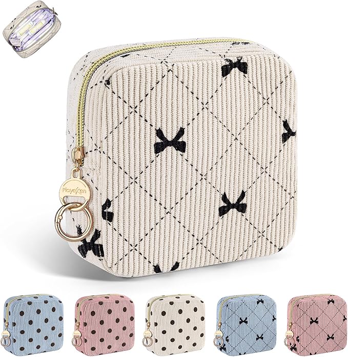 Period Bag for Teen Girls, Corduroy Cute Sanitary Napkin Storage Bag, Menstrual Pad Pouches Tampon Holder for Purse (Beige-Bow Tie)