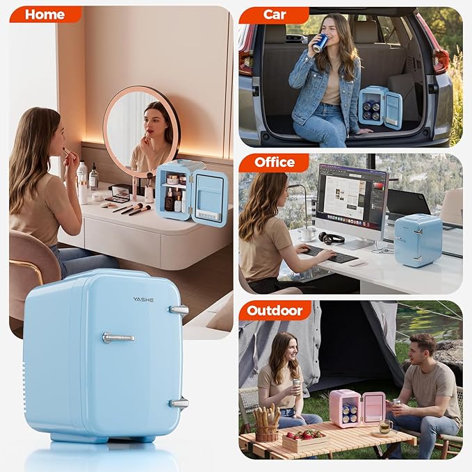 Mini Fridge, 4 Liter/6 Can Mini Makeup Fridge, 110V AC/ 12V DC Portable Thermoelectric Cooler&Warmer for Skincare, Drink, Cosmetic, Medicine, Small fridge for Bedroom, Office, Dorm, Car, Blue