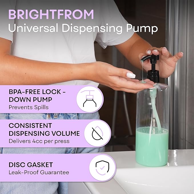 BRIGHTFROM Universal Dispensing Pump, Perfect for Shampoo & Conditioner 1 L (33.8 OZ) - Fits Most Bottles or Any Refillable Bottles from 12oz to 33.8oz with 28/410 Neck Size, Black (Pack of 2)