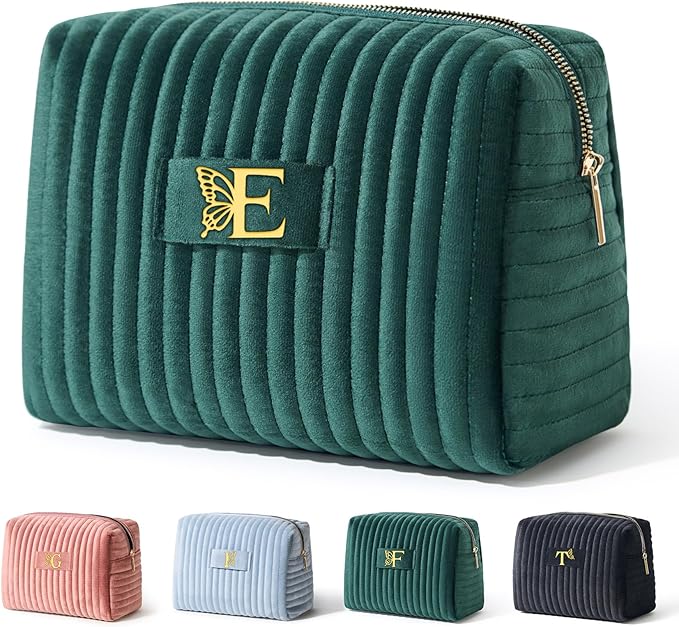 COSHAYSOO Bridesmaid Proposal Engagement Gifts Bridal Shower Bachelorette Party Favors Makeup Bag Quilted Make Up Cosmetic Pouch for Bride to Be Maid of Honor Godmother Emerald Green Initial Letter E