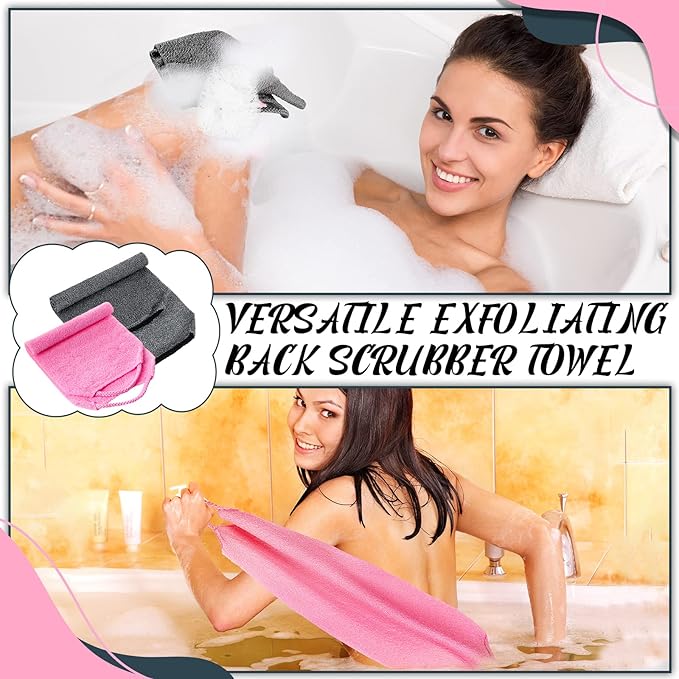 Back Scrubber for Shower Exfoliating Washcloth Back Cloth Body Extended Length Scrubber Towel Nylon Exfoliating Stretchable Pull Strap Wash Cloth for Bath Body Scrub Washcloth 2 Pack (Pink,Gray)
