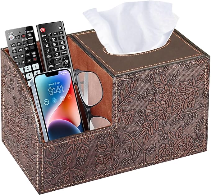 PU Leather Square Tissue Box Cover - Multi-Functional Tissue Box Holder, Tissue Box Cover with Storage,Tissue and Remote Control Holder, Cube Tissue Box Organizer Bedroom Nightstand End Table