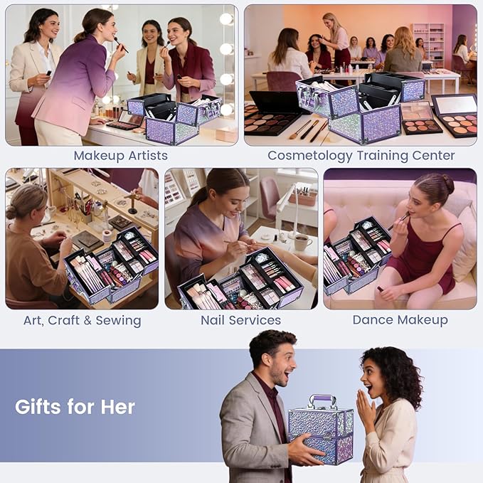 FRENESSA Makeup Case Organizer Makeup Box Cosmetic Train Case Portable Make Up Artist Travel Case Storage Box 4 Trays with Dividers Lockable Hard Train Case Nail Tech Supply Storage Shiny Purple
