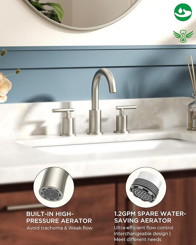 FORIOUS 2 Pack Brushed Nickel Bathroom Faucet 3 Hole with Pop Up Drain and 24" Supply Hose, 2 Handle 8 in Widespread 3 Hole Vanity Faucet for Bathroom Sink Brush Nickel with 360° Swivel Spout