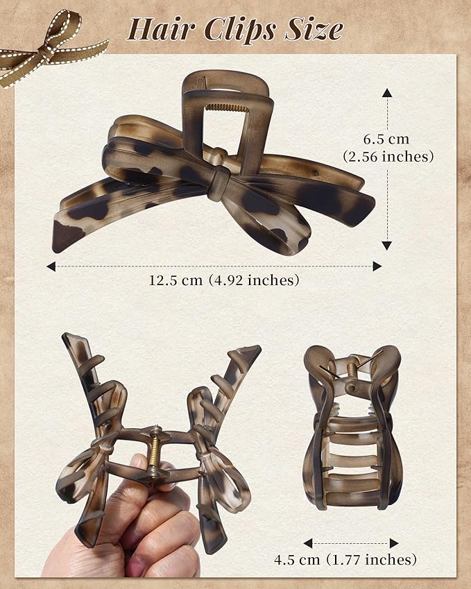 Mesovor 4 Pack Cute Bow Claw Clips, Nonslip 4.92" Large Matte Strong Hold Bows Hair Clips for Thin and Thick Hair | Chic Hairclips for Holidays or Everyday Hairstyle (Leopard Matte)