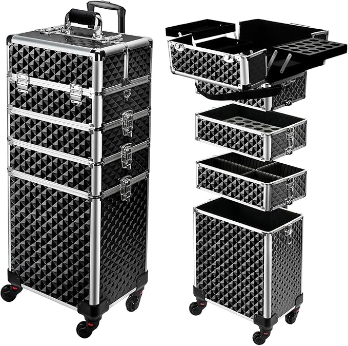 TOPACK Professional 4-In-1 Rolling Makeup Train Case, Large Makeup Travel Case with Key Shoulder Strap/Handle Cushion I Makeup Train Case Organizer I Cosmetology Case on Wheels