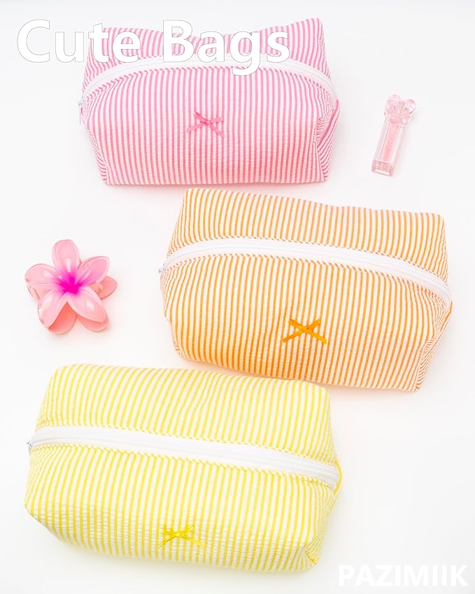 PAZIMIIK 2PCS Cozy Makeup Bag Small Aesthetic Travel Zipper Cosmetic Pouch for Women Make Up Beauty Accessories Brushes, Stripe Yellow