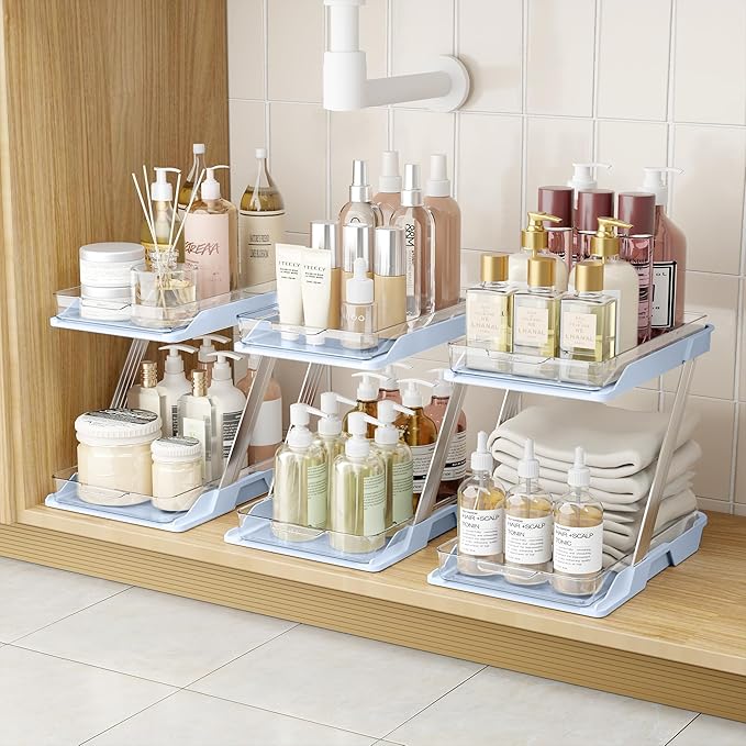 3 Pack Bathroom Organizers and Storage - Multi-Purpose,2-Tier Clear Pull Out Organization for Bathroom,Under Sink,Kitchen,Vanity,Countertop,Cabinet,Pantry & Medicine Cabinet,Blue