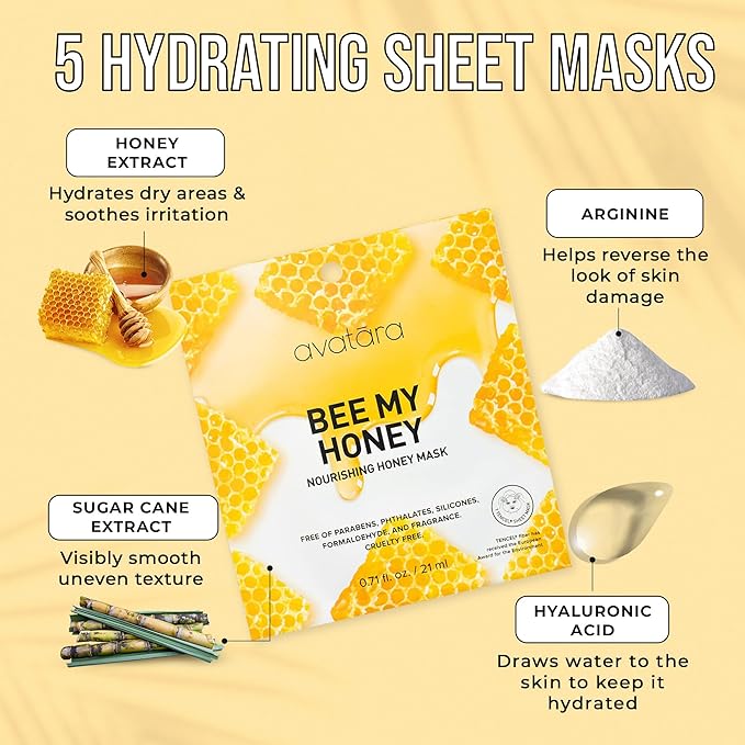 Avatara Bee My Honey Facial Mask 5 Sheets, Hydrating Sheet Masks with Honey and Sugar Cane Extract, Face Mask Skincare Beauty Essential for Moisturizing Skin, Minimize Pores, All Skin Types, 5 Pack