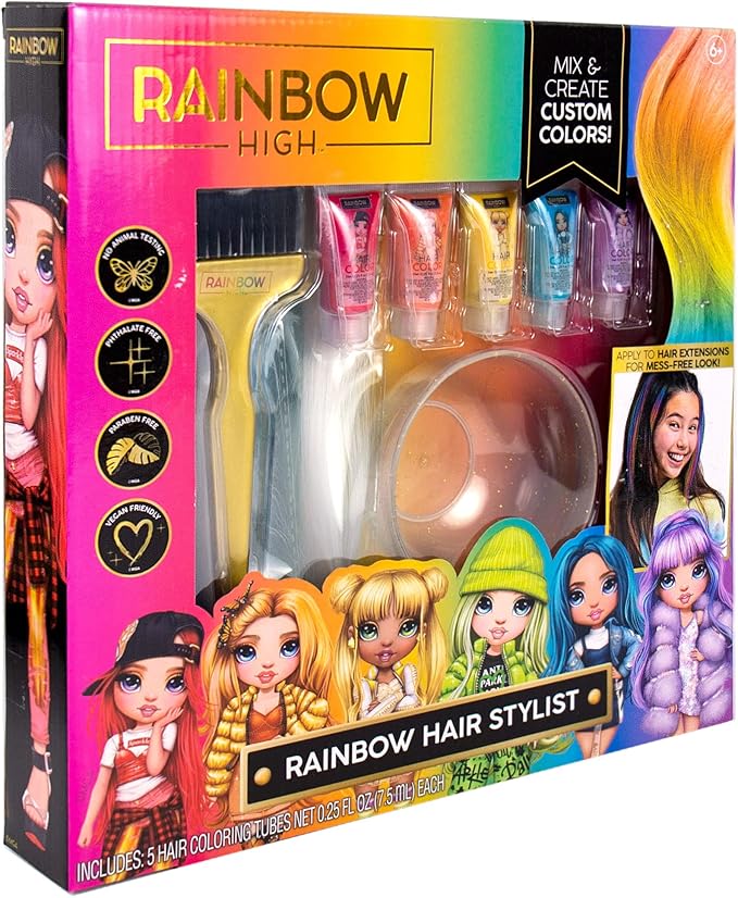 Rainbow High Rainbow Hair Stylist by Horizon Group USA, Includes 5 Vibrant Hair Coloring Gels, 3 Clip-in Extensions for Less-Mess, Mixing Bowl & Brush, Temporary Hair Coloring for Kids