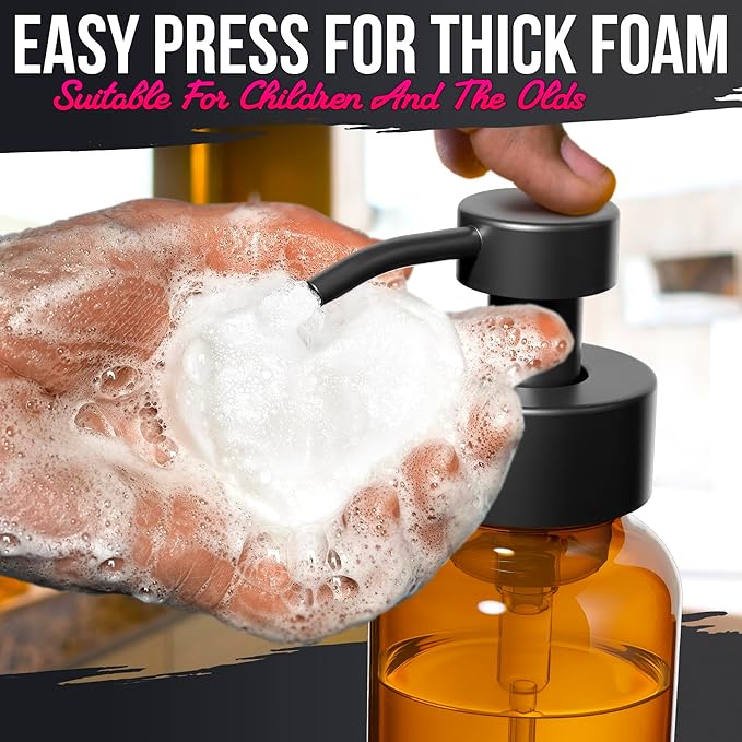 2Pcs Amber Glass Foaming Soap Dispenser - 8.5 oz Amber Glass Soap Dispenser with Pump, Compatible with Hand Soap, Dish Soap, Shampoo and Gel, Durable, Stylish & Refillable for Bathroom and Kitchen