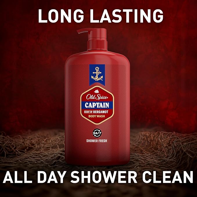 Old Spice Refreshing Body Wash for Men, 3X Defense, 24/7 Shower Fresh with Long Lasting Scent, Red Collection, Captain with Bergamot Scent, 33.4 oz